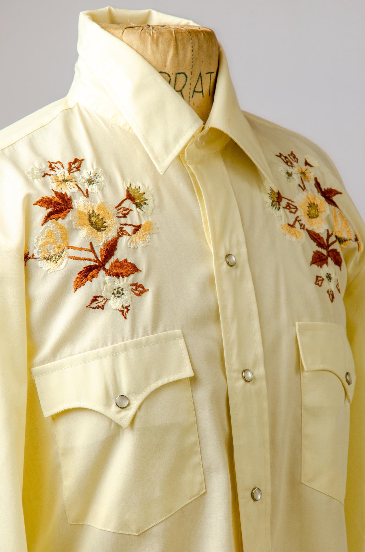 Vintage Ivory and Brown Embroidered Floral Pearl Snap Western Shirt