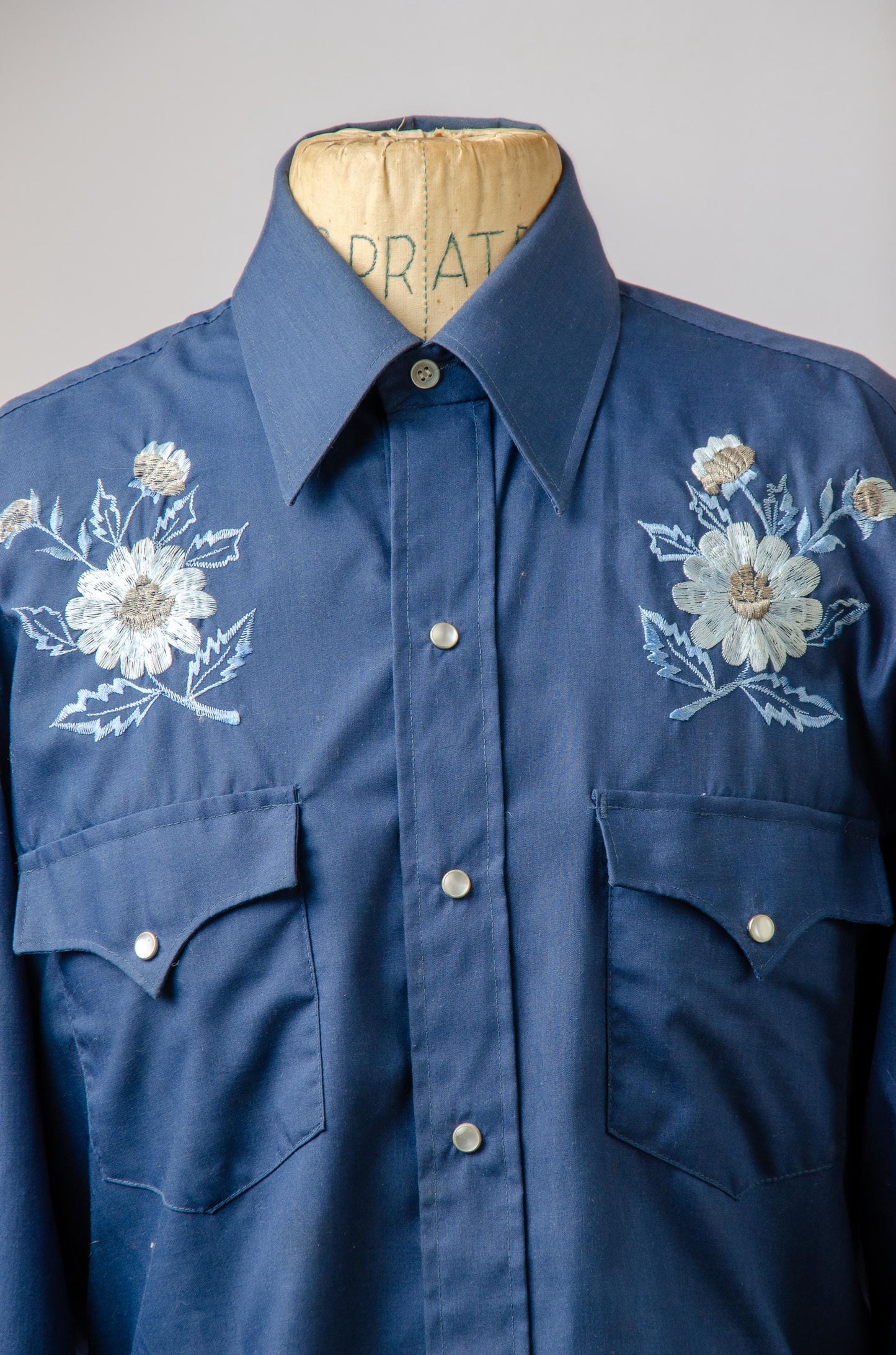 Vintage Blue Embroidered Floral Pearl Snap Western Shirt