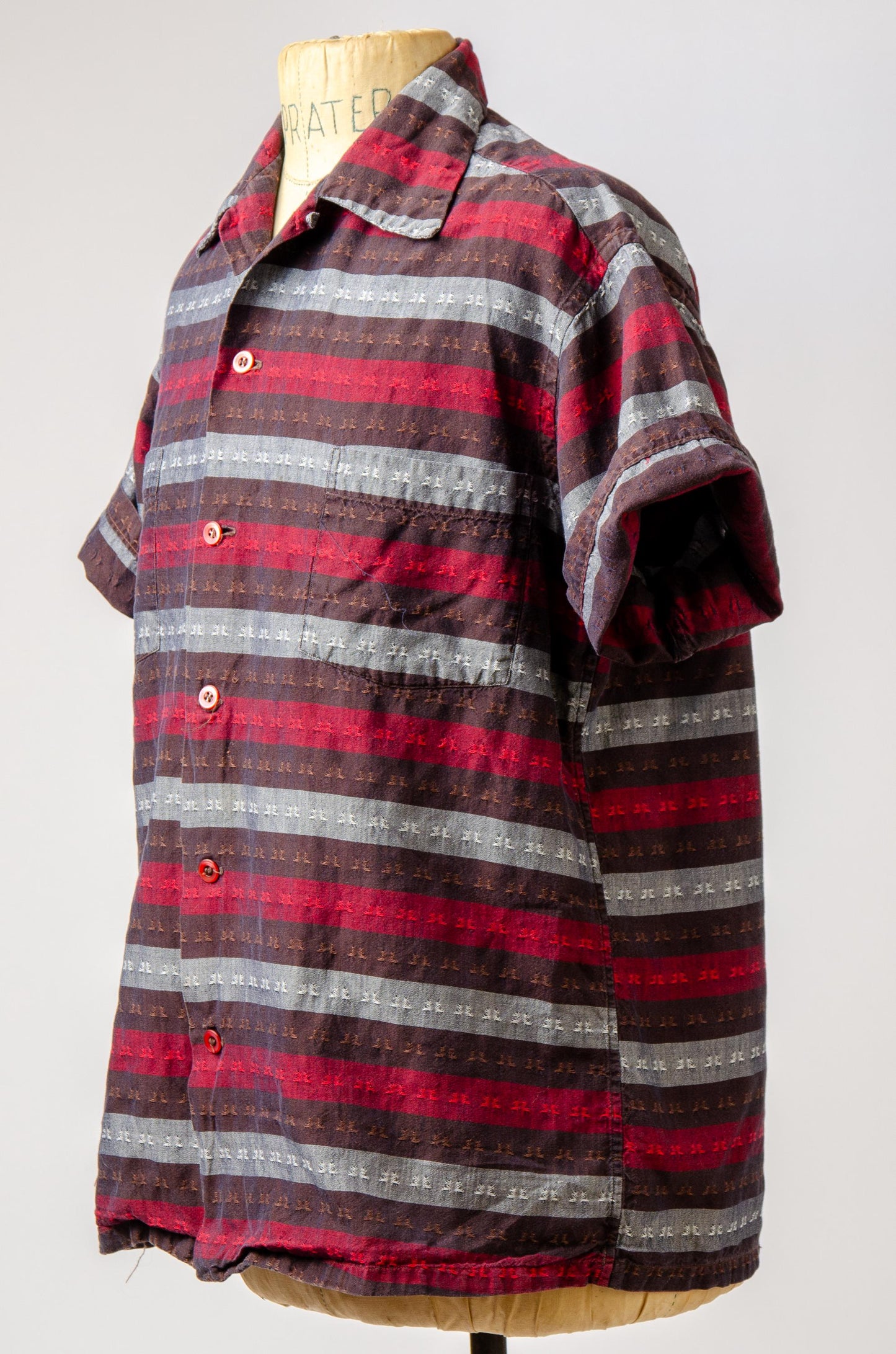 1970s Guatemalan Button Down Shirt Red and Black Woven Folk Shirt