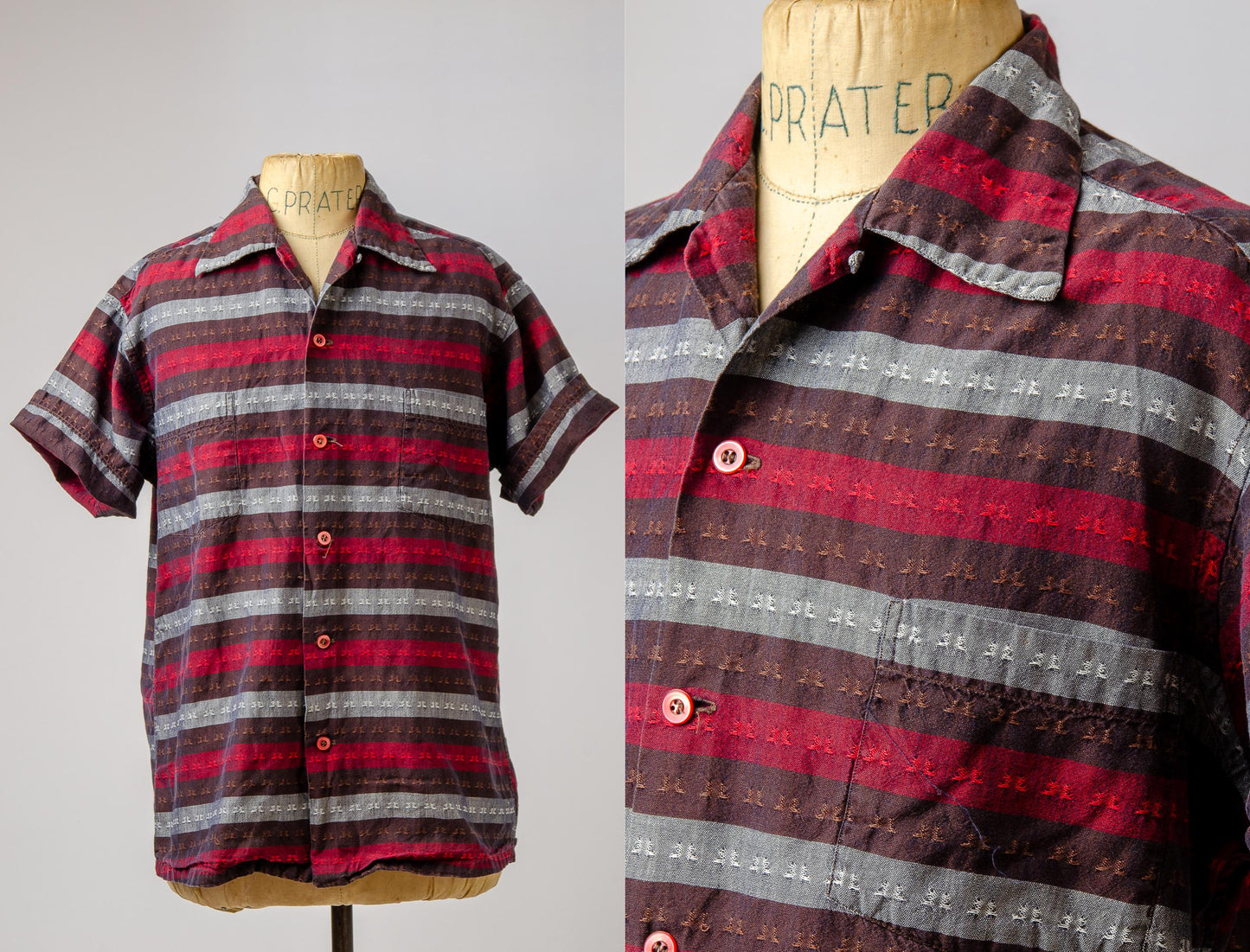 1970s Guatemalan Button Down Shirt Red and Black Woven Folk Shirt