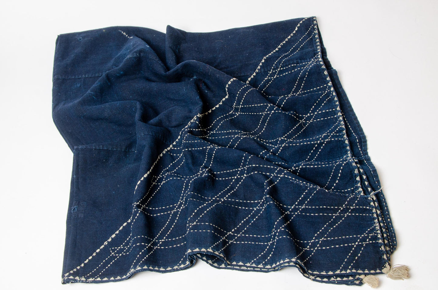 Antique Japanese Indigo Sashiko Furoshiki Large Hand Dyed Embroidered Textile 59 x 60