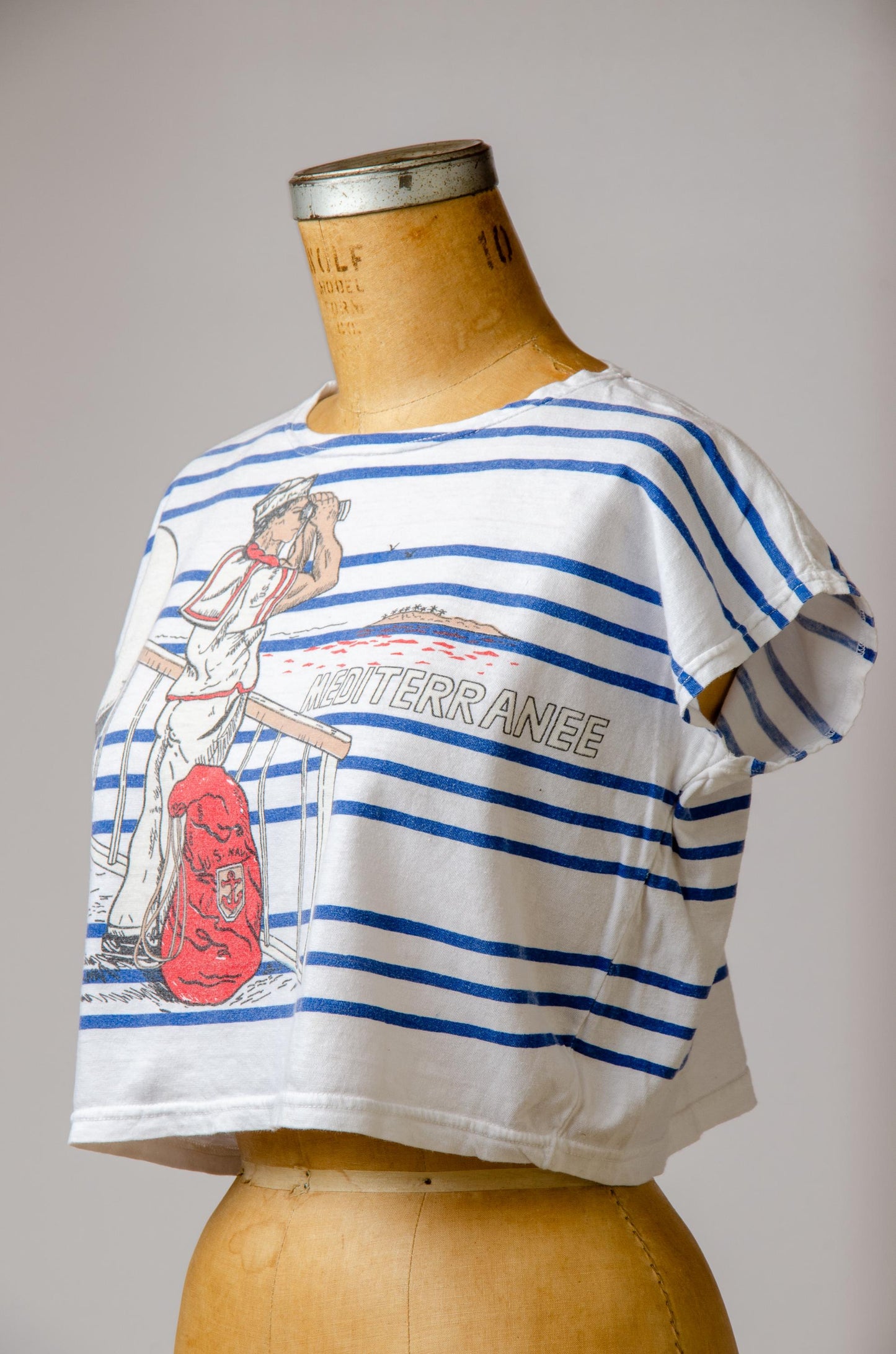 1980s Hot Sailer T Shirt Blue and White Stripe Crop Novelty Tee