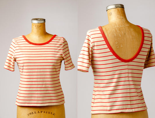 Vintage Scoop Back Stripe Red Striped Cotton T Shirt