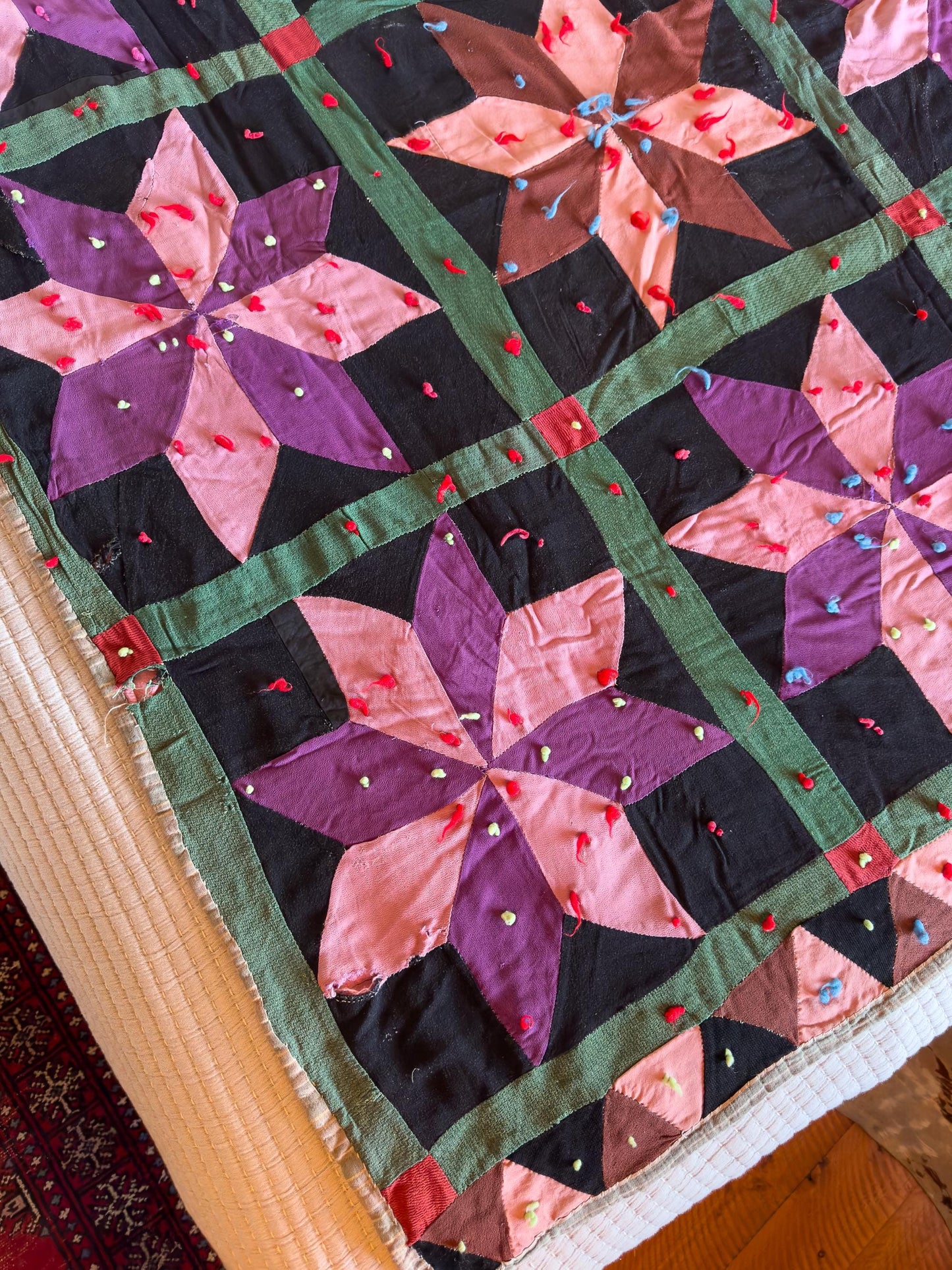 Antique Star Quilt Black and Purple Early Americana Patchwork Quilt 68" x 65"