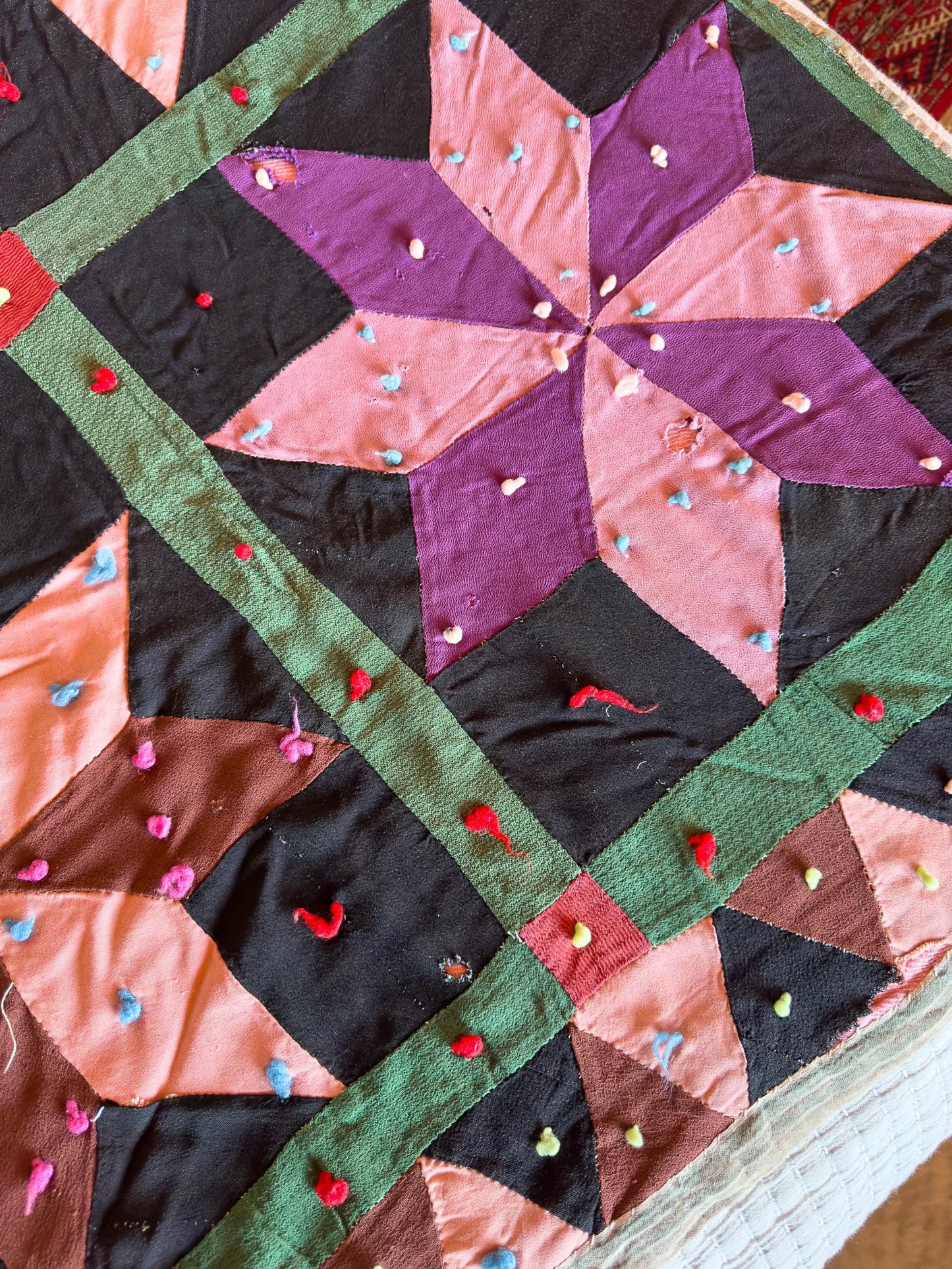 Antique Star Quilt Black and Purple Early Americana Patchwork Quilt 68" x 65"