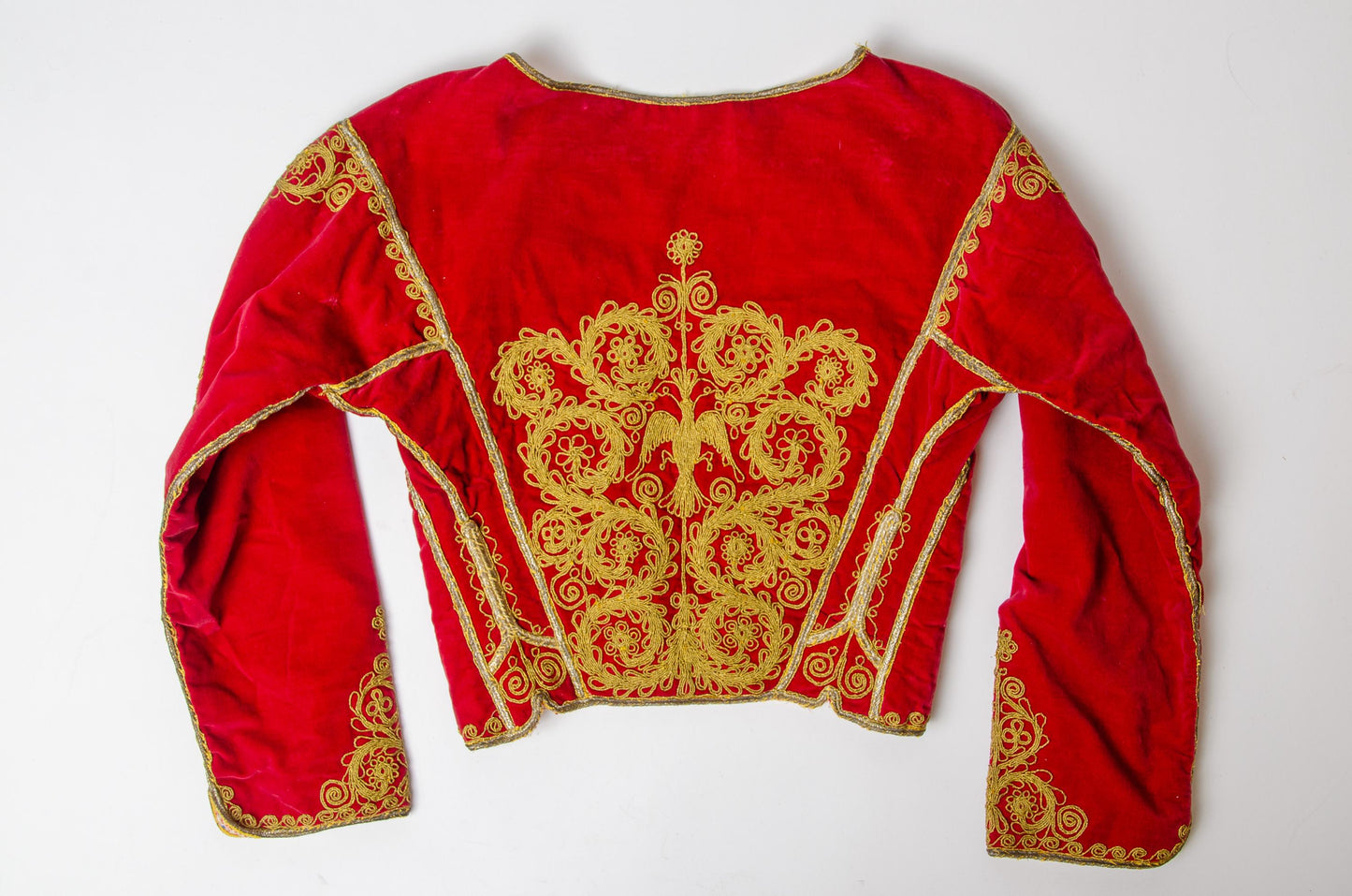 Antique Turkish Renaissance Folk Jacket Red Velvet Gold Threaded Bohemian Coat