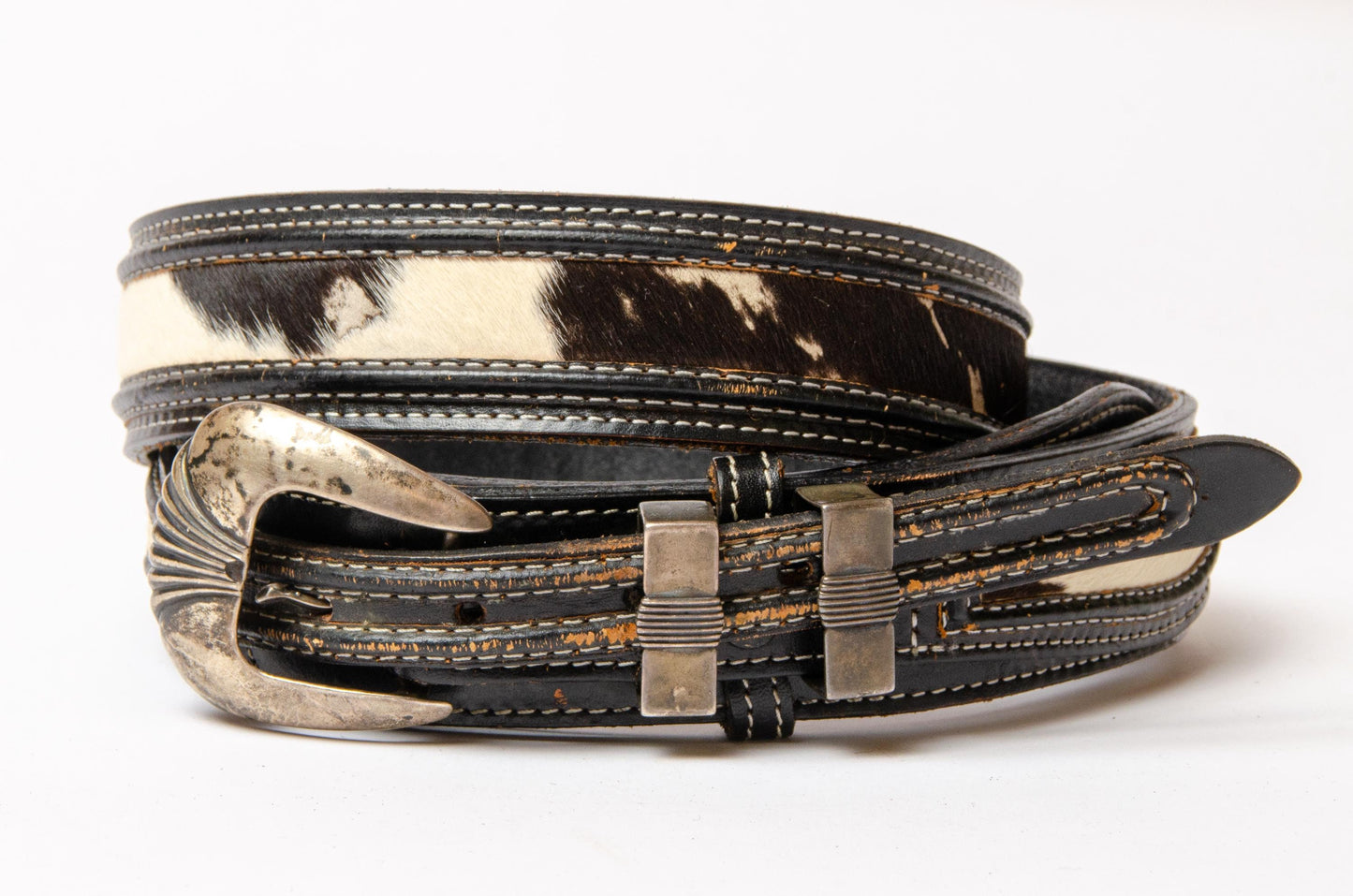 Vintage Sterling Western Belt Hair On Leather Rancher Cowboy Belt