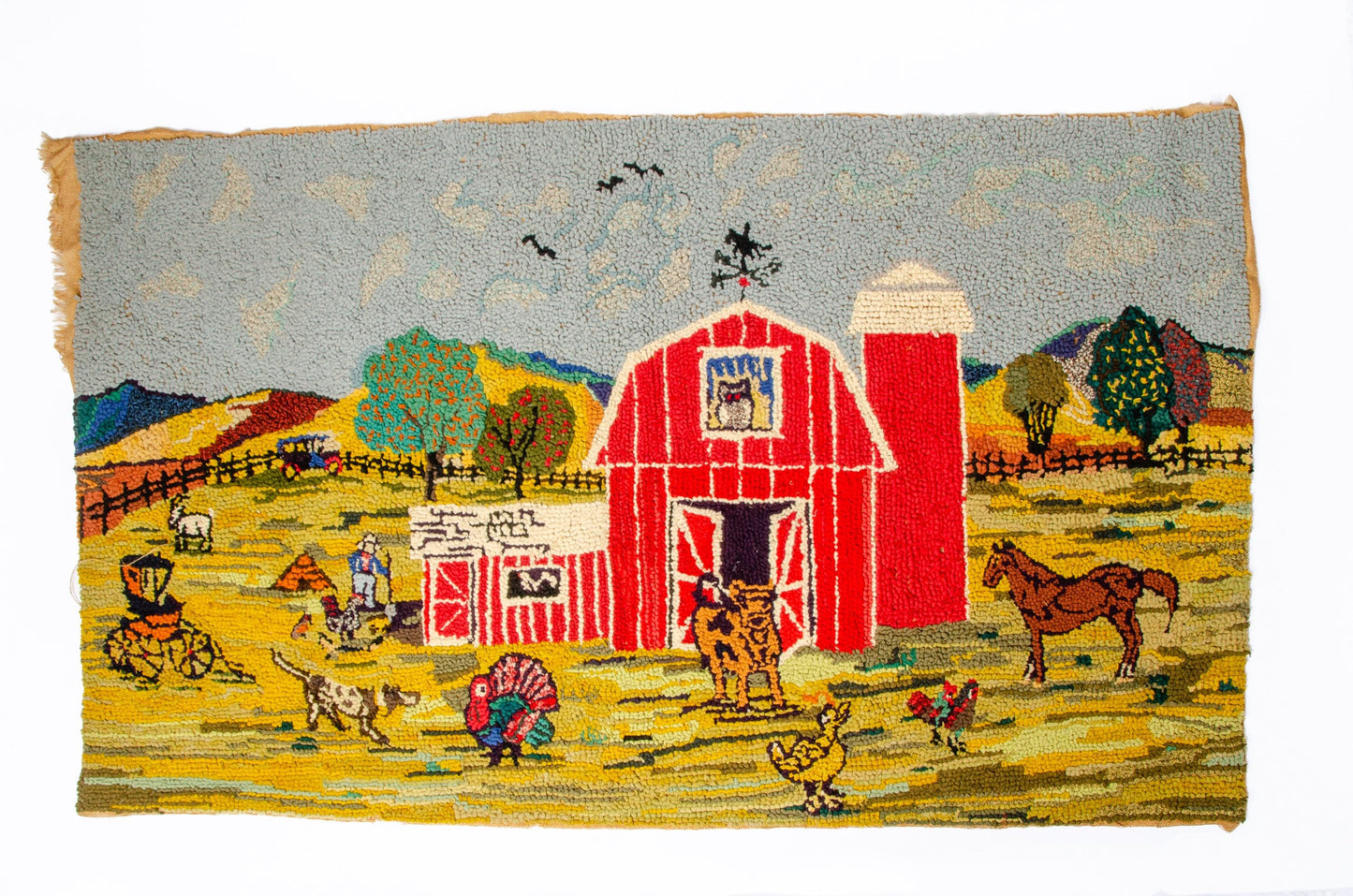 1920s American Folk Art Farm Homestead Hook Rug Tapestry 64" x 38"