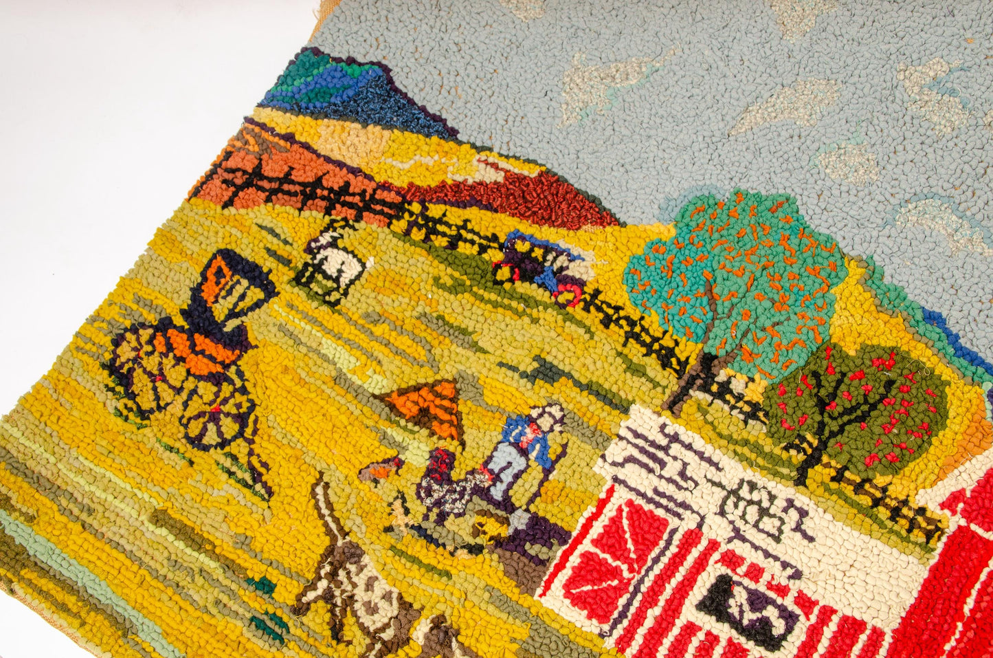 1920s American Folk Art Farm Homestead Hook Rug Tapestry 64" x 38"