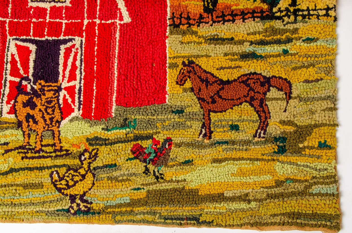 1920s American Folk Art Farm Homestead Hook Rug Tapestry 64" x 38"