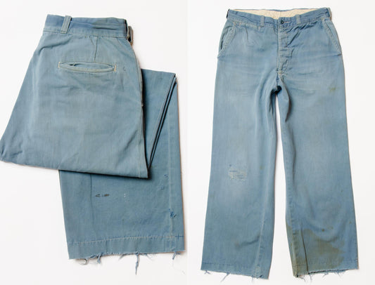 1940s Distressed Chino Pants Blue Cotton Utility Chore Pants 30 x 28