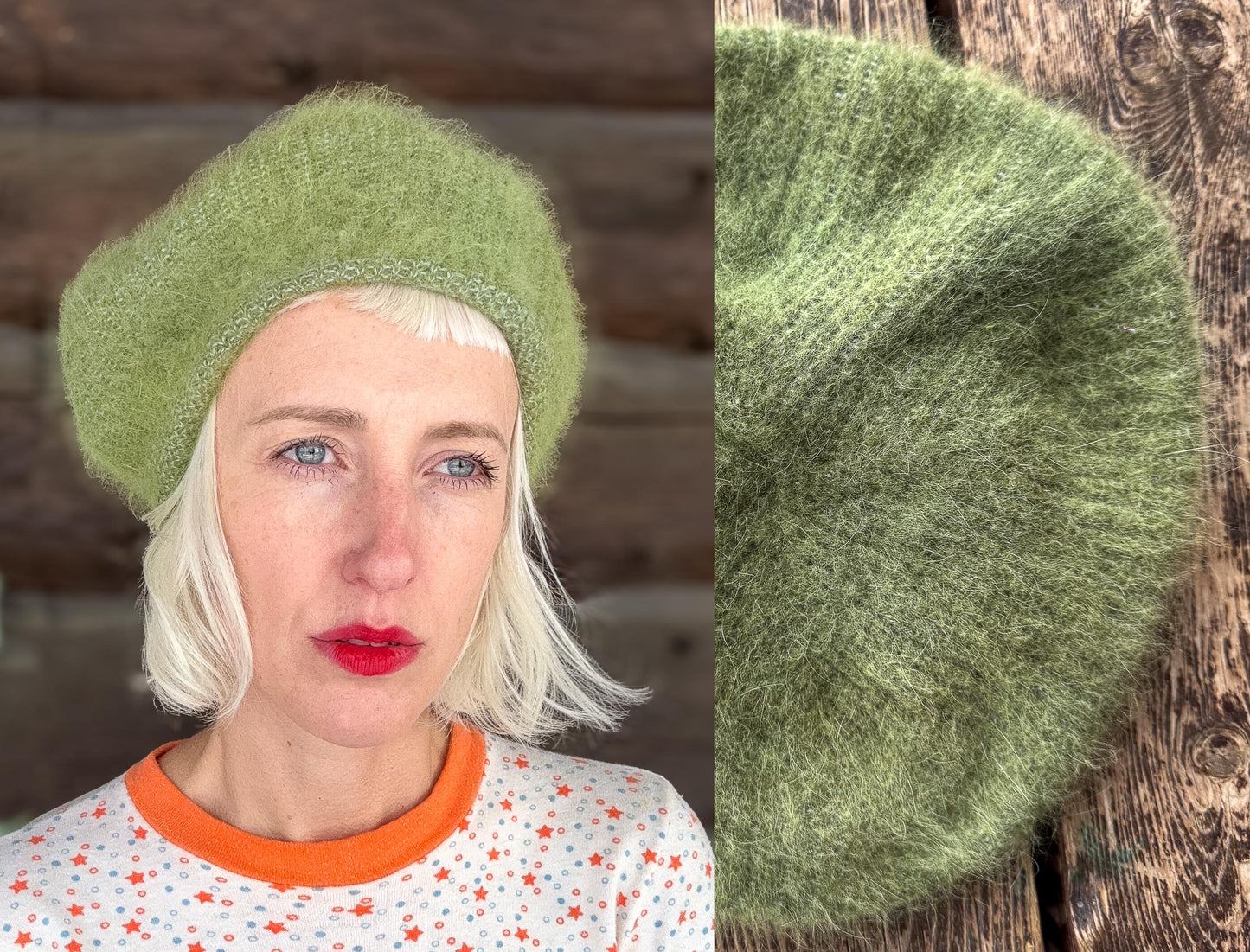 Vintage Angora Beret Sage Green Aris Fuzzy Mohair Tam