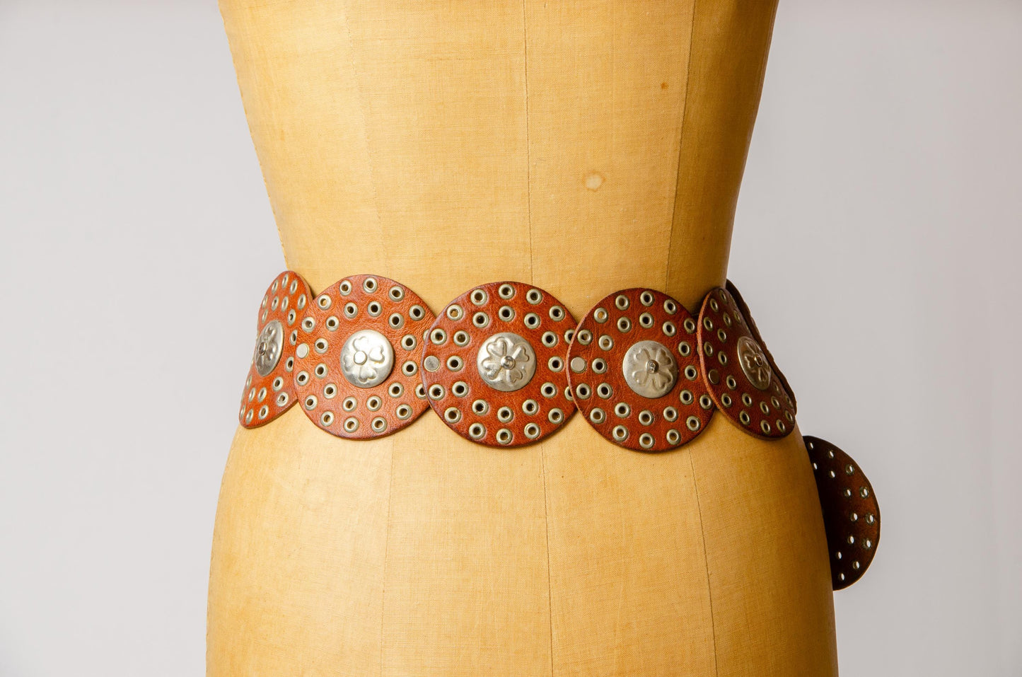 1970s Moroccan Brass and Leather Wide Disc Hippie Belt