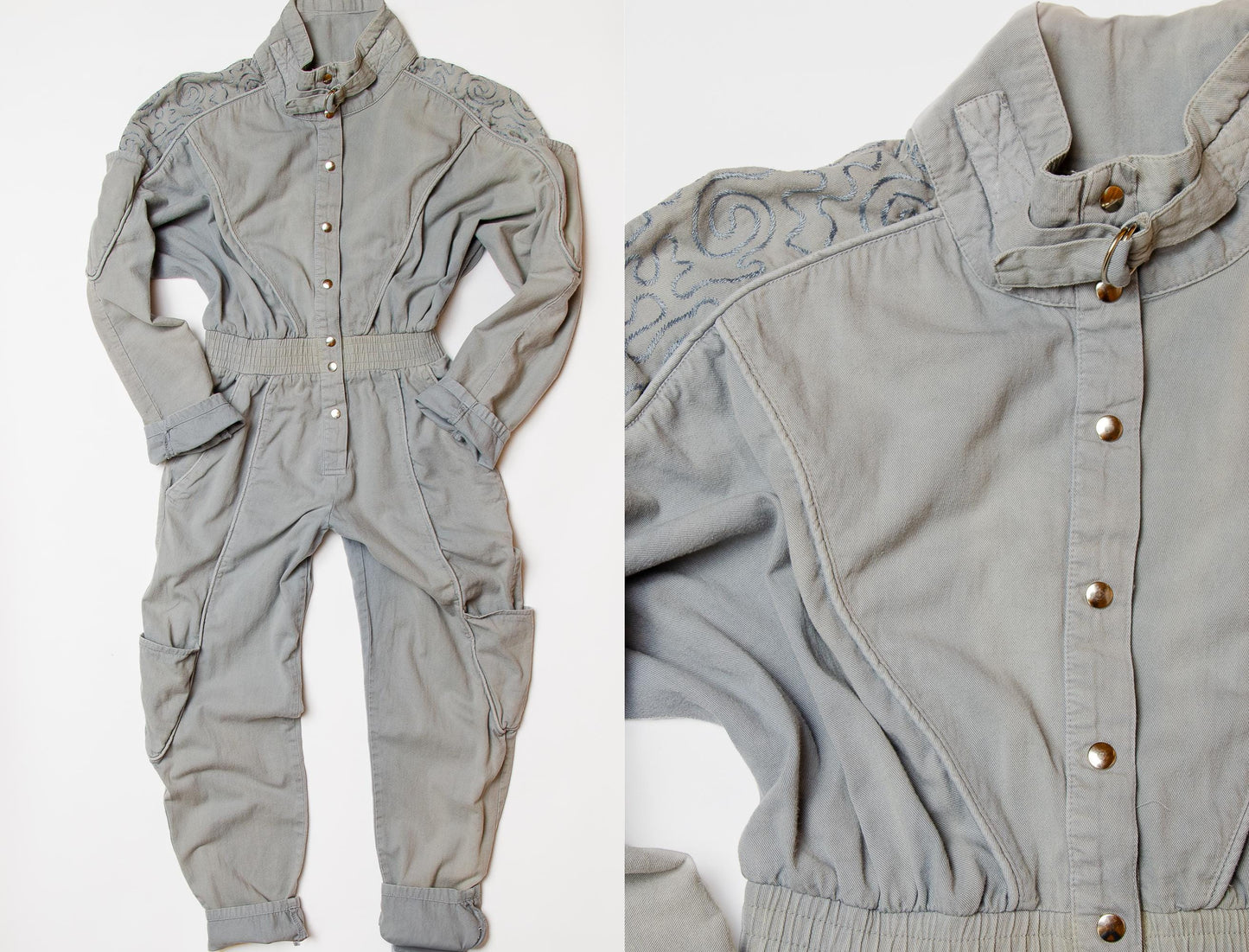 1980s Embroidered Jumpsuit Grey Cotton  Cargo Jump Suit