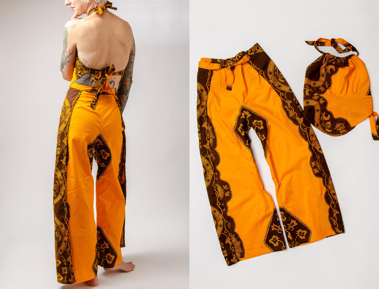 Vintage African Jumpsuit Wrap Around Side Split Palazzo Pants and Halter Set