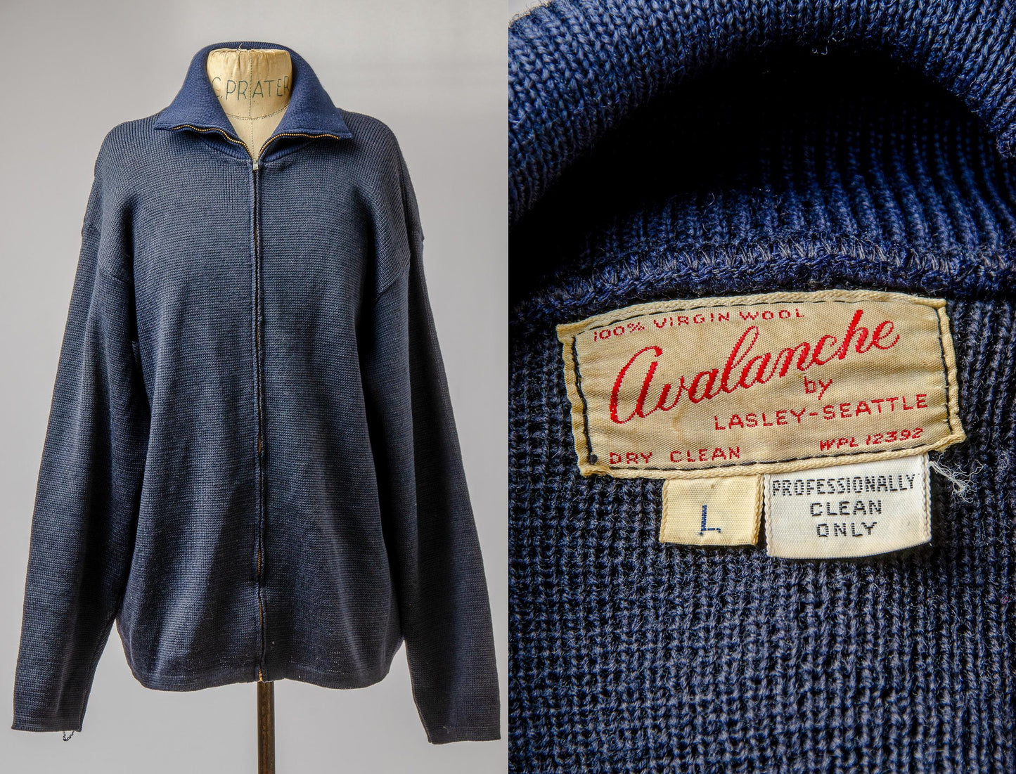 1950s Full Zip Virgin Wool Knit Sweater Jacket Avalanche by Lasley