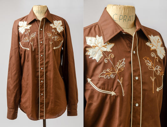 Vintage Brown Embroidered Maple Leaf Pearl Snap Western Shirt