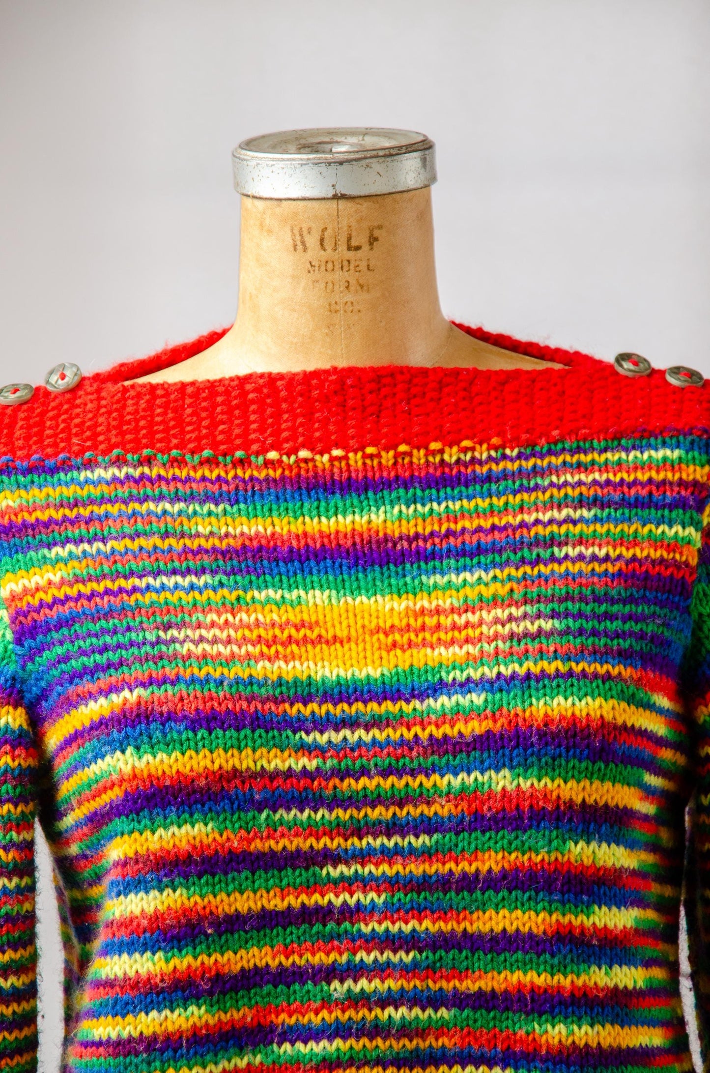 Hand Knit Space Dye Sweater French Slash Collar Rainbow Knit