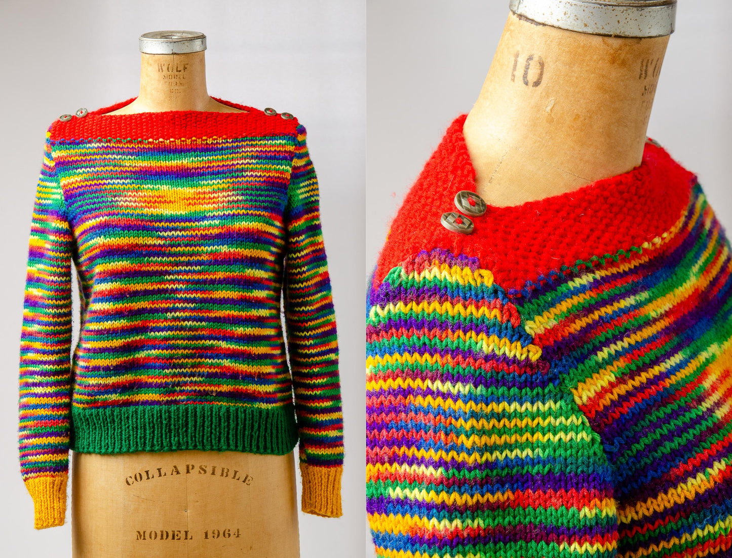 Hand Knit Space Dye Sweater French Slash Collar Rainbow Knit