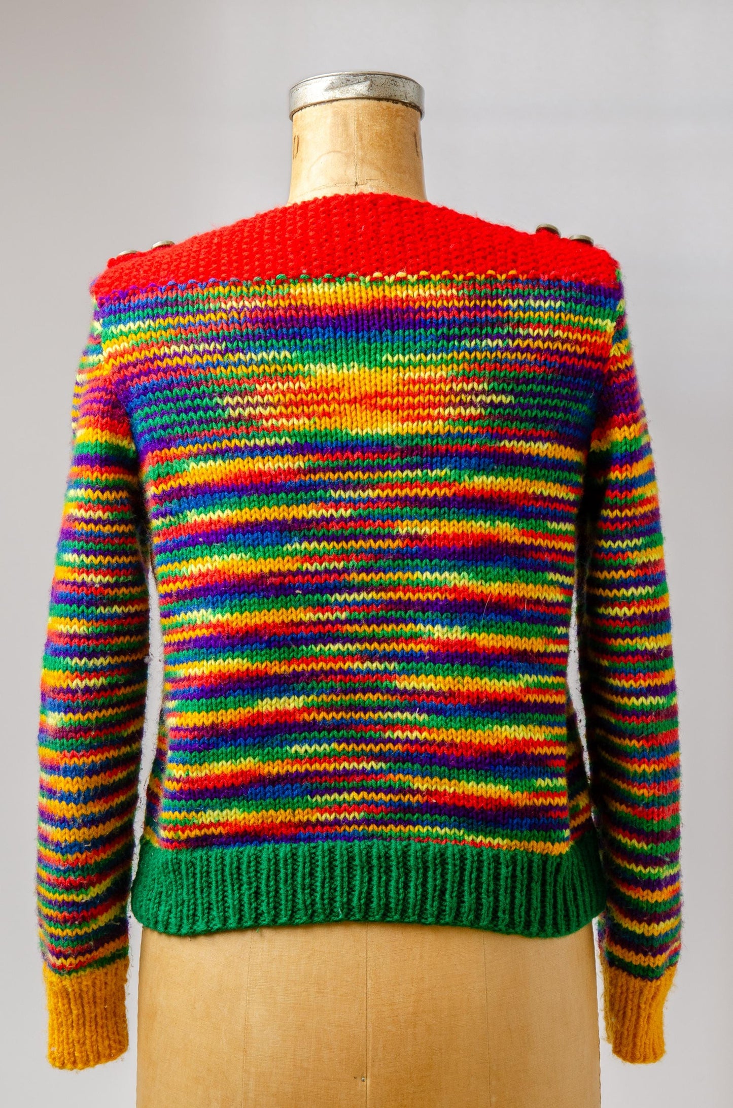 Hand Knit Space Dye Sweater French Slash Collar Rainbow Knit