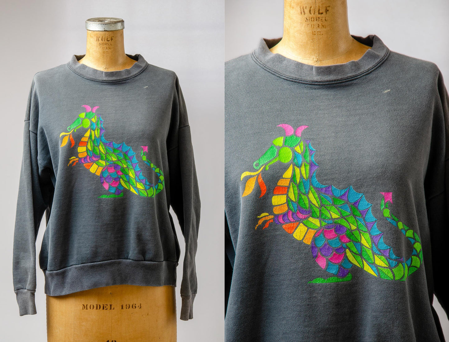 1980s Psychedelic Dragon Sweatshirt Black Cotton Perfect Sun Fade