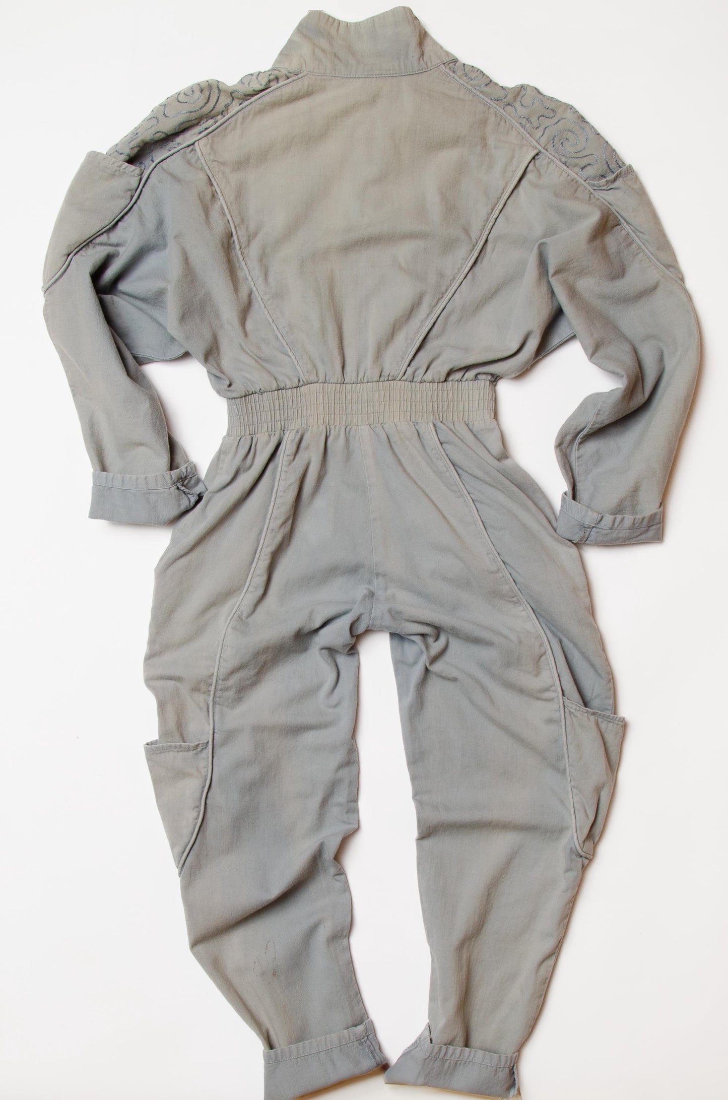 1980s Embroidered Jumpsuit Grey Cotton  Cargo Jump Suit