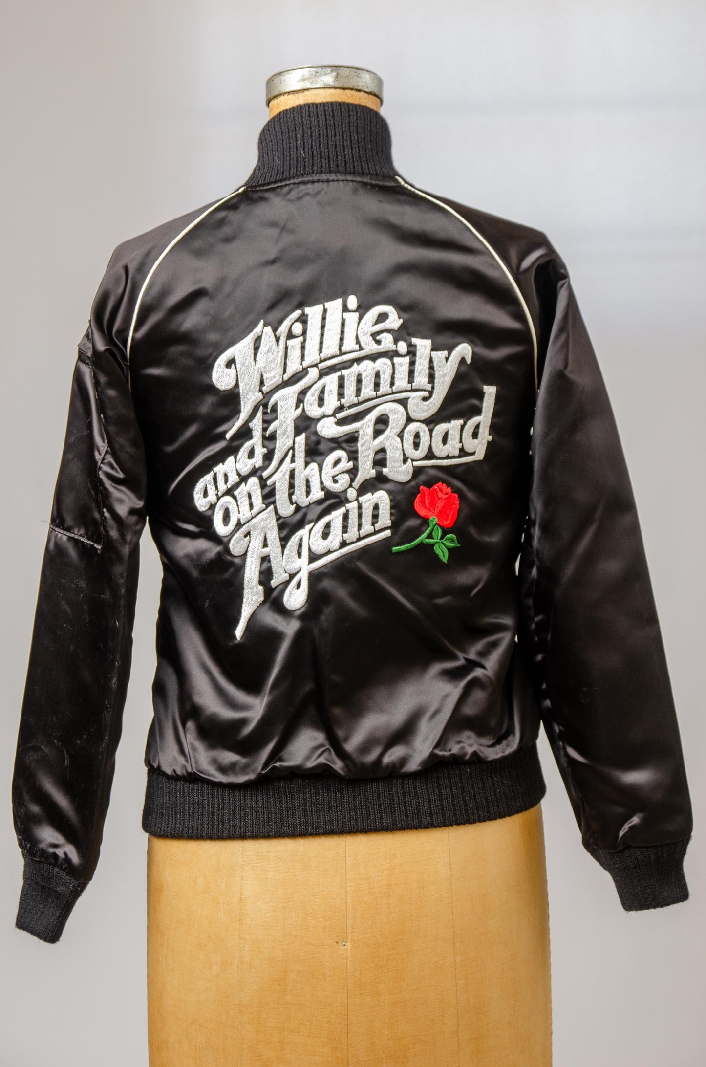 1980s Willie Nelson and Family On the Road Again Black Satin Bomber Jacket