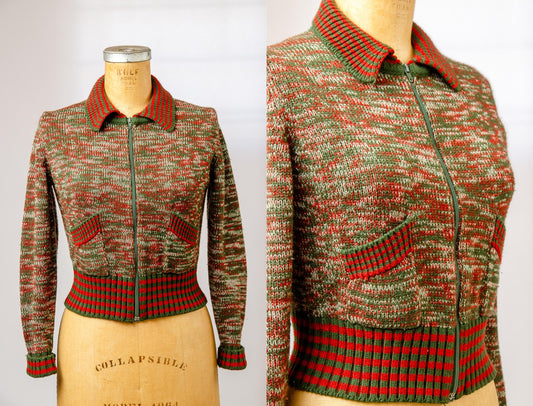 1970s Space Dye Sweater Red and Green Disco Knit Crop Jacket