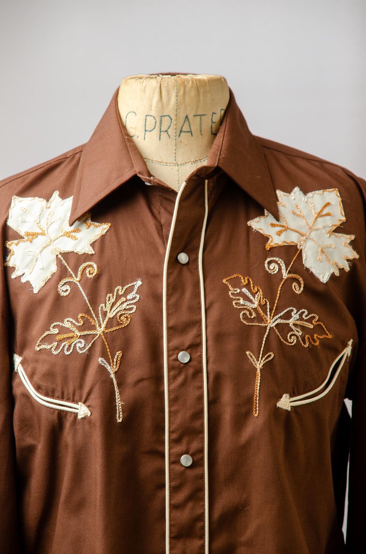 Vintage Brown Embroidered Maple Leaf Pearl Snap Western Shirt