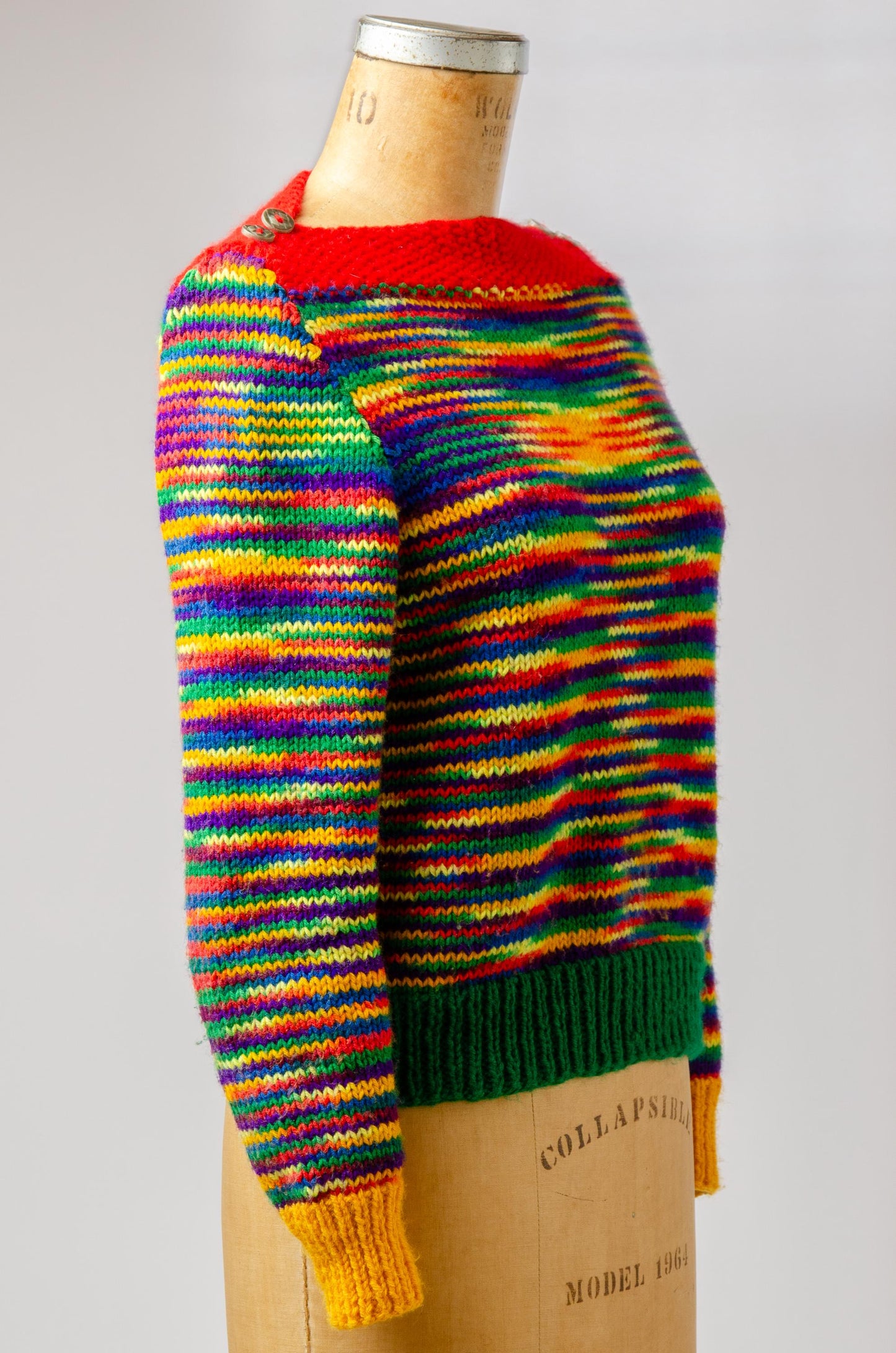 Hand Knit Space Dye Sweater French Slash Collar Rainbow Knit