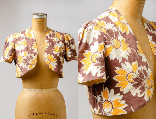 1940s Sunflower Bolero Jacket Yellow and Brown Cotton Crop Jacket