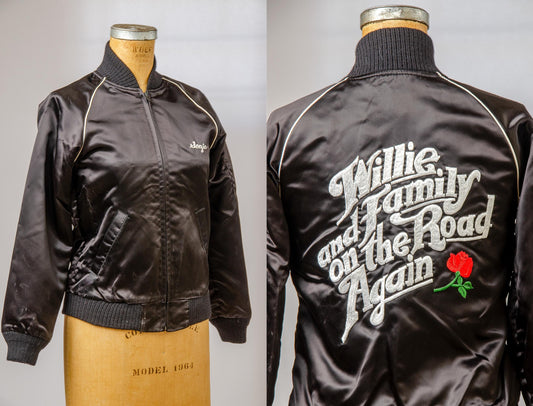 1980s Willie Nelson and Family On the Road Again Black Satin Bomber Jacket