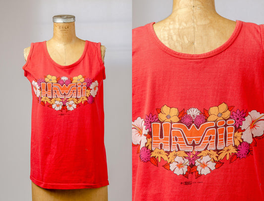 1970s Hawaiia Floral Bouquet Red Cotton Surf Tank Top