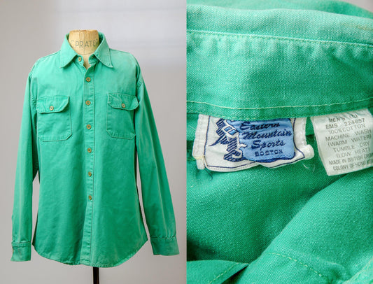 Vintage Faded Green Heavy Cotton Eastern Mountain Sports Outdoor Shirt