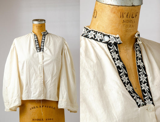 Antique European Hand Embroidered White Cotton Folk Blouse