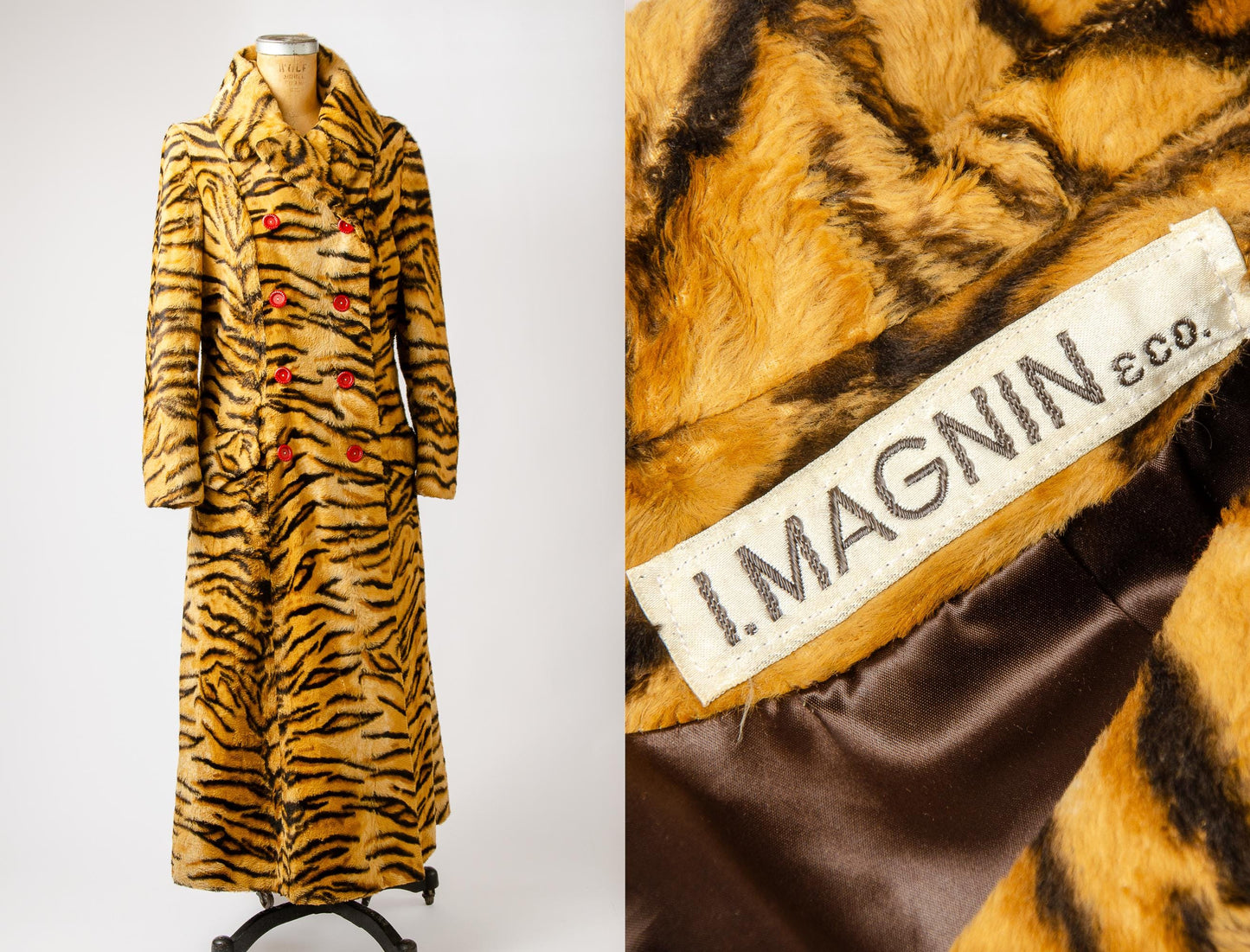1970s Joseph I. Magnin Faux Tiger Fur Full Length Coat