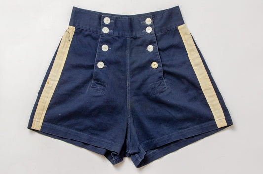 1930s Sailor Shorts High Waist Button Front Cotton Shorts W 26