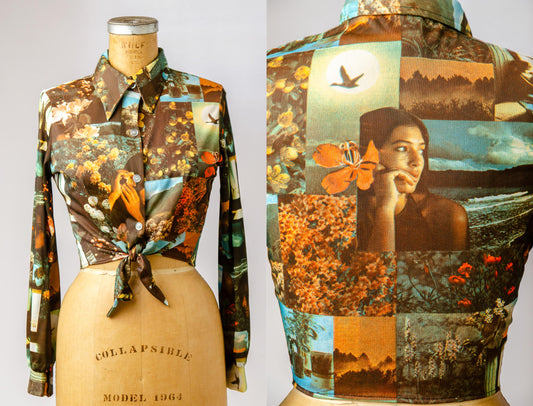 1970s Picture Print Hippie Life All Over Print Novelty Button Crop Shirt