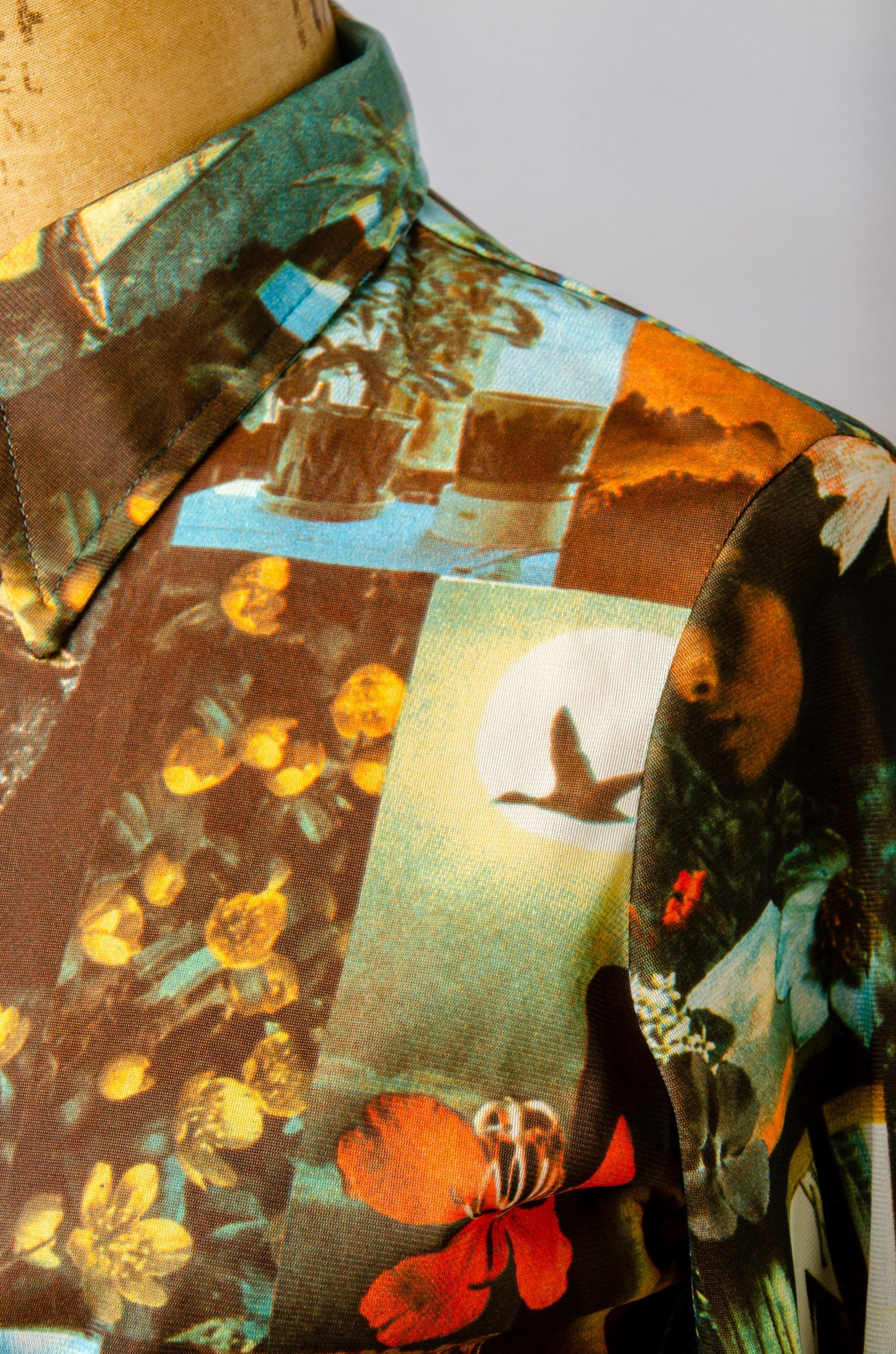 1970s Picture Print Hippie Life All Over Print Novelty Button Crop Shirt