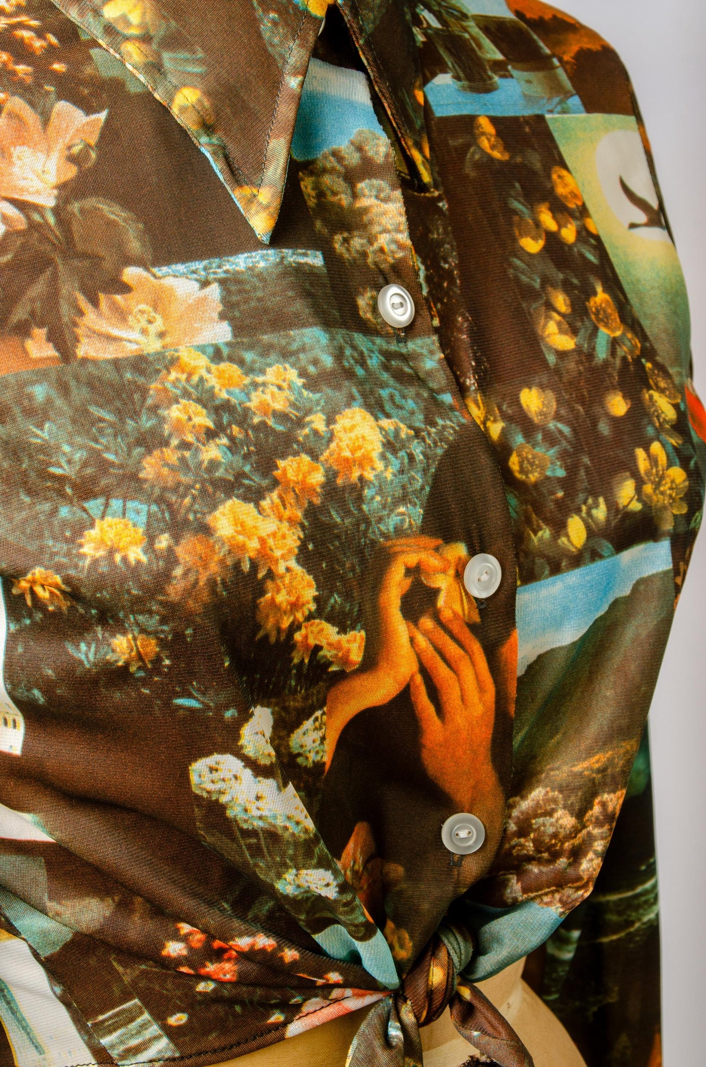 1970s Picture Print Hippie Life All Over Print Novelty Button Crop Shirt