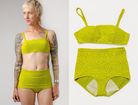 1960s Bikini Psychedelic Chartreuse Two Piece High Waisted Bikini Swimsuit