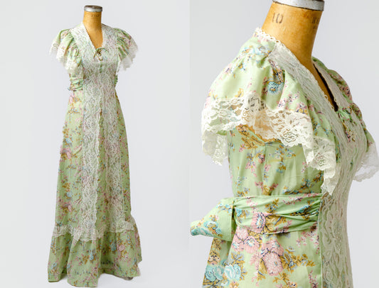 1970s Gunne Style Mint Green Butterfly Sleeve Prairie Hippie Dress