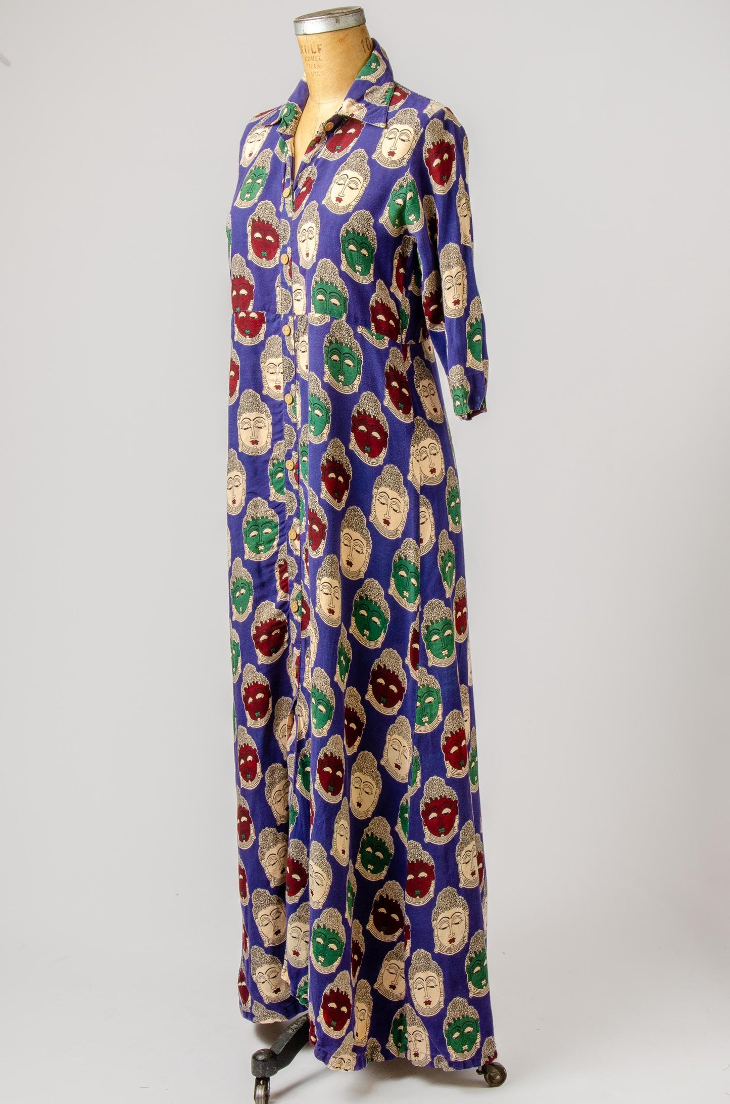 90s Buddha Novelty Print Rayon Button Down Dress