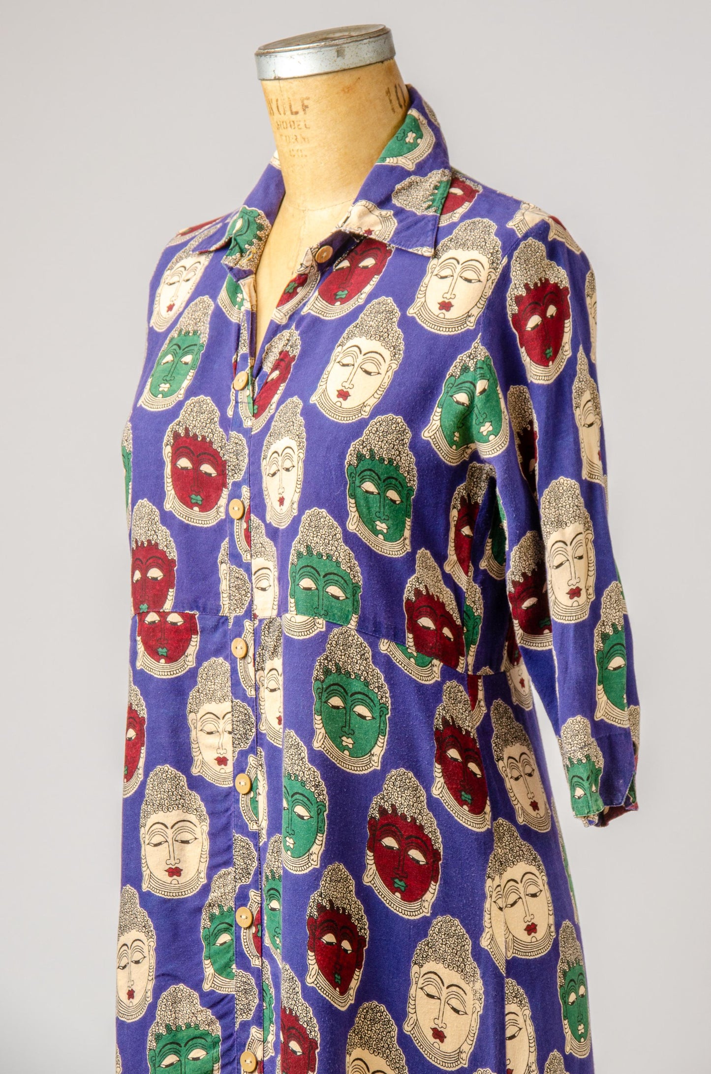 90s Buddha Novelty Print Rayon Button Down Dress
