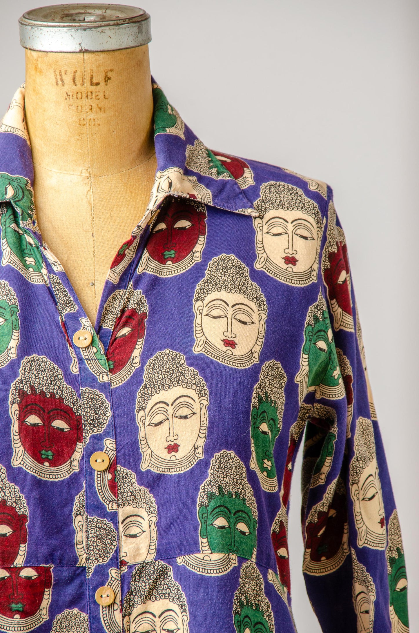 90s Buddha Novelty Print Rayon Button Down Dress