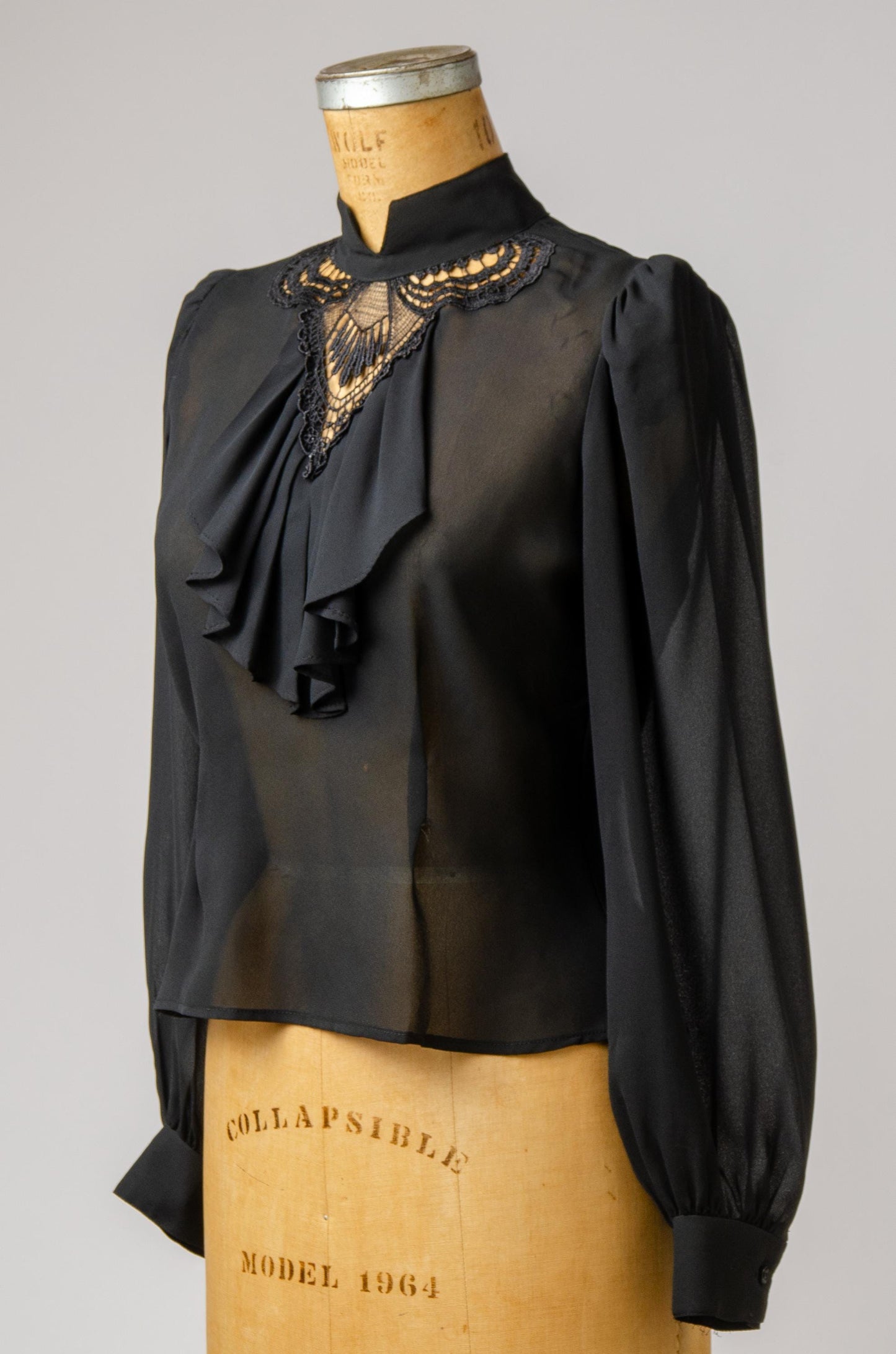 1980s Deco Style Ruffled Black Sheer Rayon Blouse
