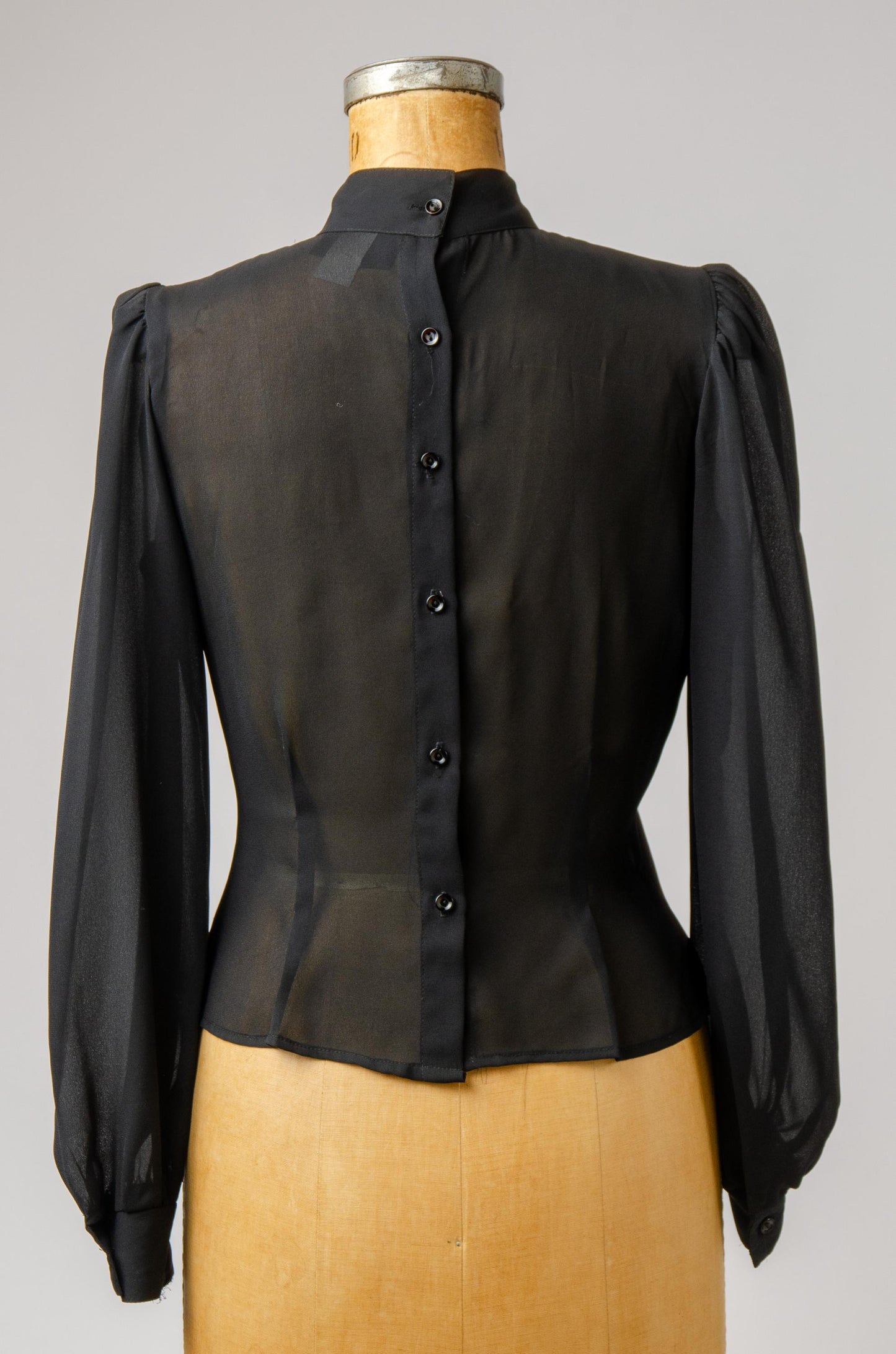 1980s Deco Style Ruffled Black Sheer Rayon Blouse