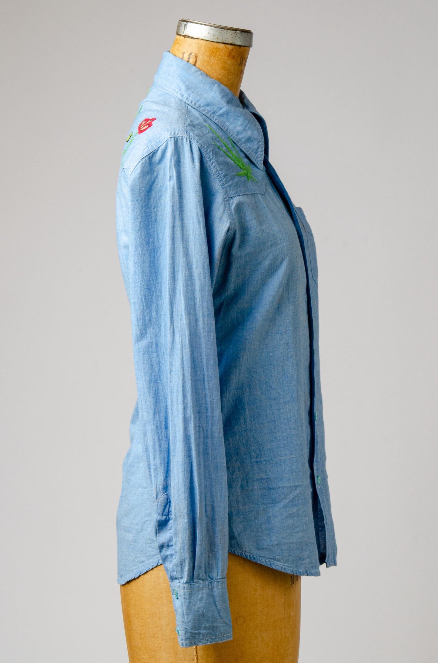 Vintage Embroidered Chambray Poppies and Weed Leaf Hippie Shirt