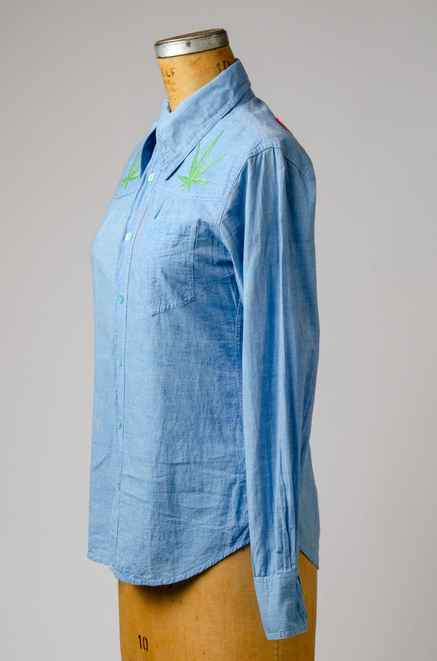 Vintage Embroidered Chambray Poppies and Weed Leaf Hippie Shirt