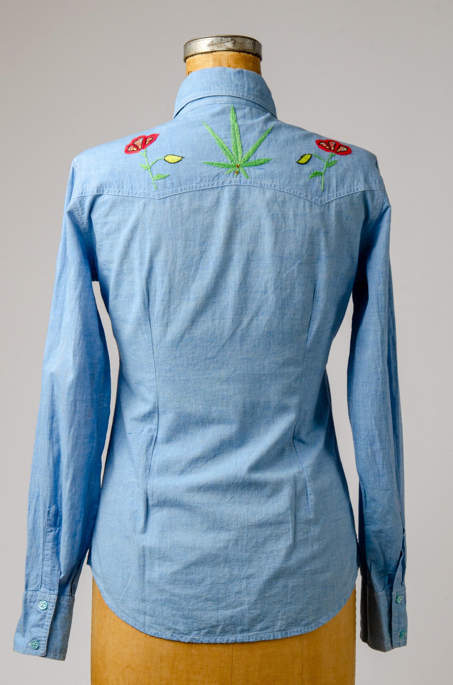 Vintage Embroidered Chambray Poppies and Weed Leaf Hippie Shirt